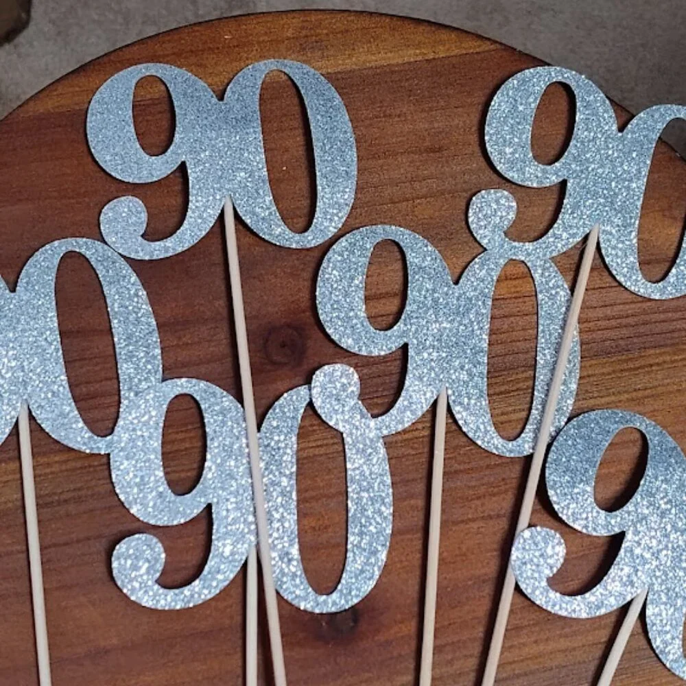 90th birthday party supplies - banner, table scatters, cake‎ picks